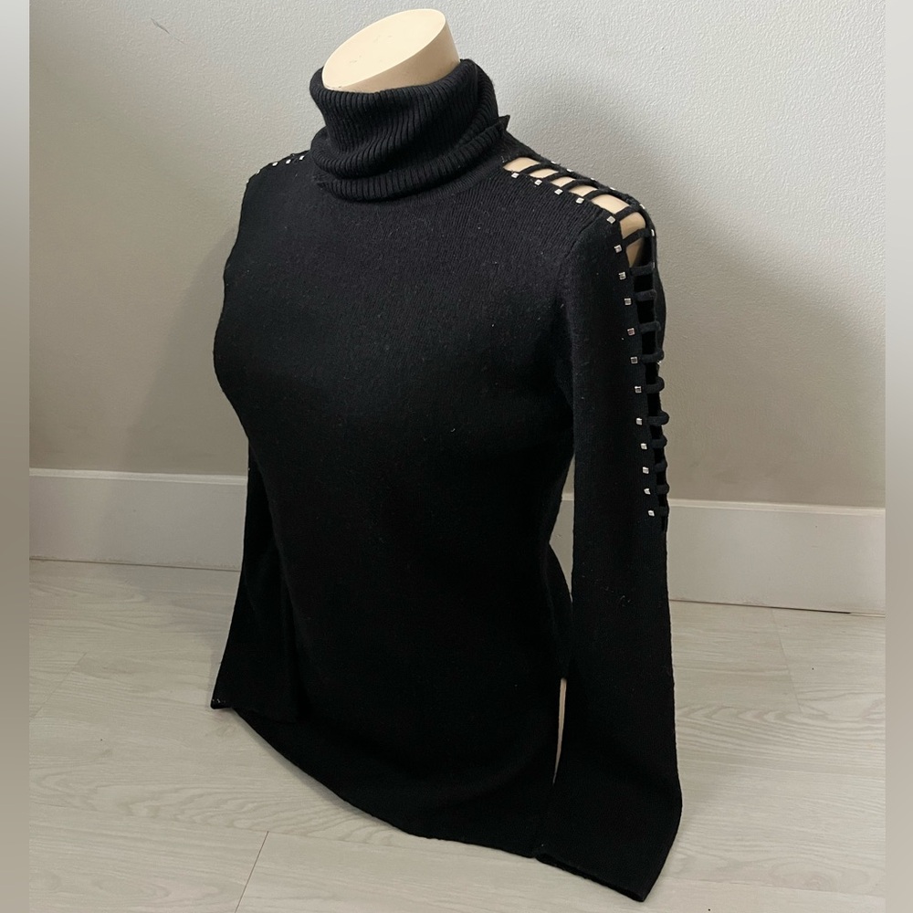 Wool Black Turtleneck Sweater with Cutout sleeves